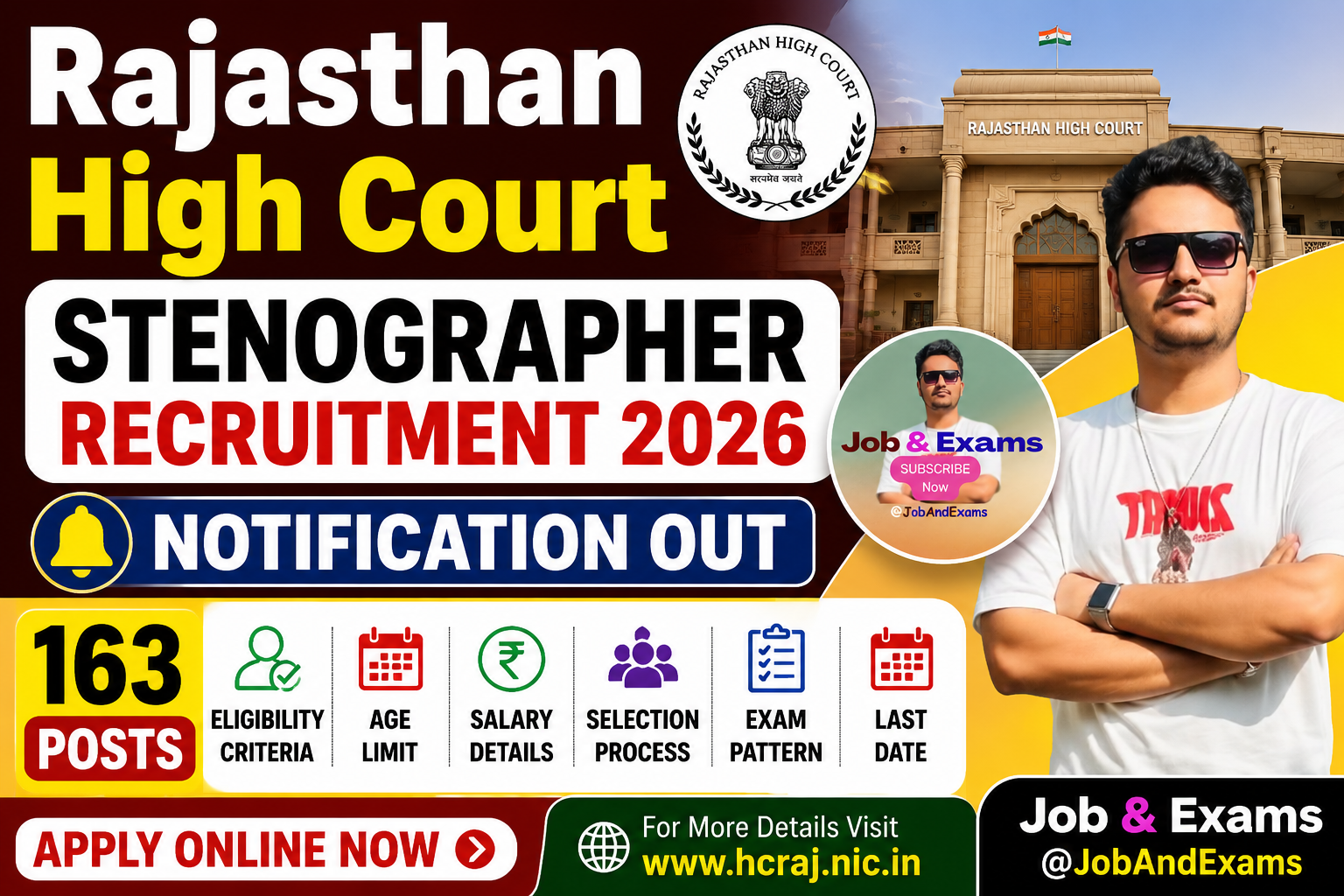 Rajasthan High Court Stenographer Recruitment 2026 Notification Out. Apply Online for 163 Posts. Check Eligibility, Age Limit, Salary, Selection Process, Exam Pattern & Last Date.